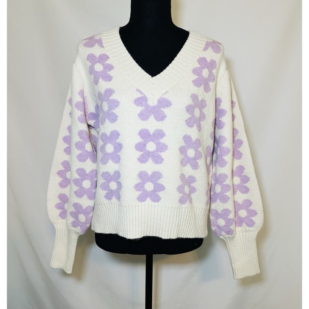 Petal + Pup Remi V-neck Lilac Oversized Flower Floral Retro‎ 70's Sweater S/M